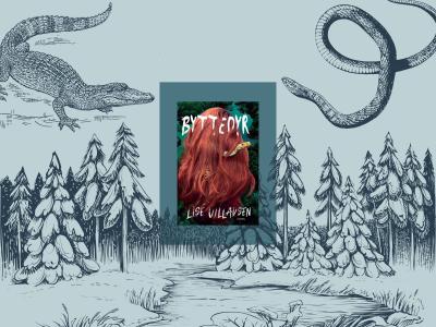 Forsidebillede fra "Byttedyr" af Lise Villadsen samt illustrationer af en skov, en alligator og en slange.